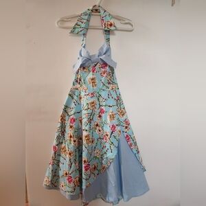 NWT Cottagecore Halterneck Blue & Pink Floral Dress, 1950 Hepburn Style, Size M